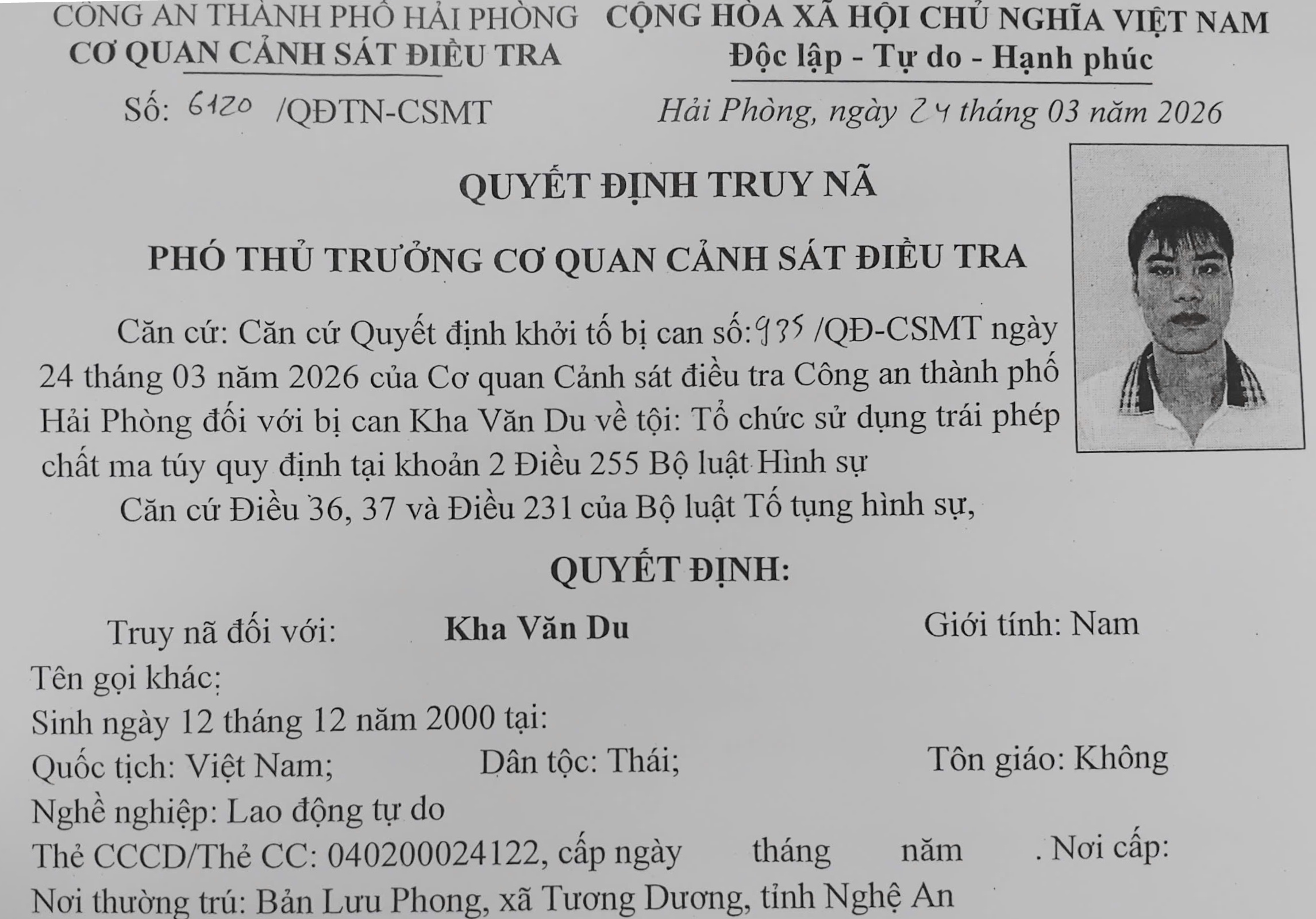Cơ quan Cảnh sát điều tra Công an thành phố: Thông báo, vận động đối tượng truy nã Kha Văn Du ra đầu thú
